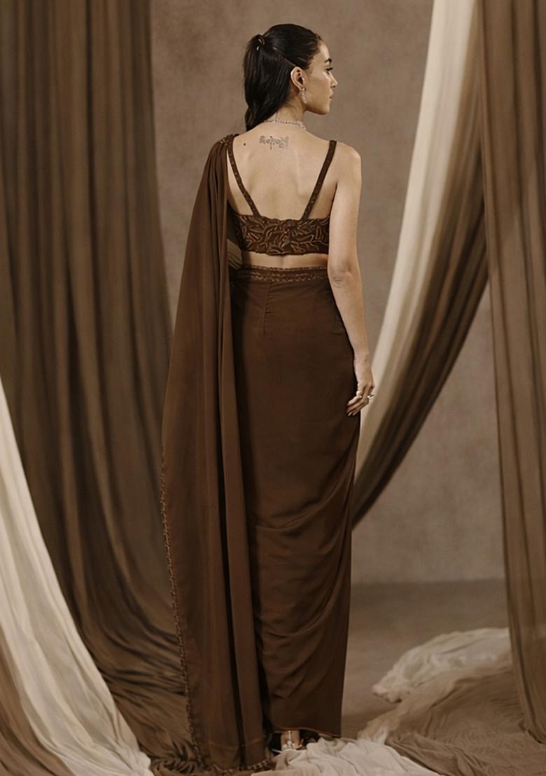 Brown Handwork Crepe Pre Draped Saree Set - Indya