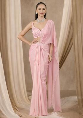 Soft Pink Handwork Crepe Pre Draped Saree Set