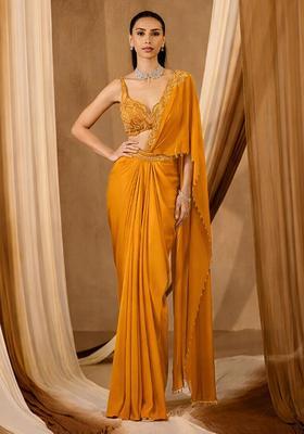 Marigold Orange Handwork Crepe Pre Draped Saree Set