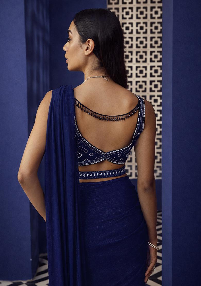 Navy Blue Handwork Chinon Pre Draped Saree Set - Indya
