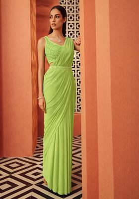 Lime Green Handwork Chinon Pre Draped Saree Set