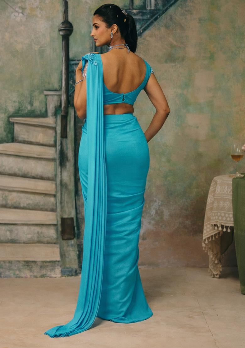 Blue Handwork Shimmer Goergette Pre Draped Saree Set - Indya