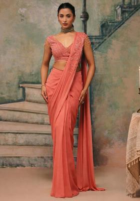 Coral Handwork Shimmer Goergette Pre Draped Saree Set