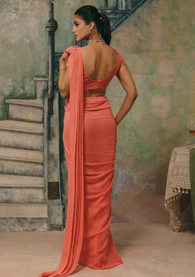 Coral Handwork Shimmer Goergette Pre Draped Saree Set - Indya