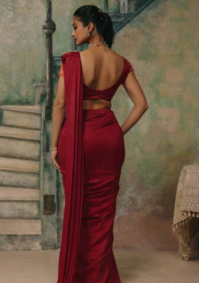 Deep Red Handwork Shimmer Goergette Pre Draped Saree Set - Indya