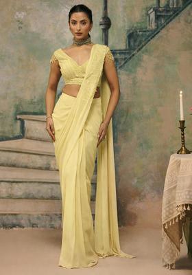 Butter Yellow Handwork Shimmer Goergette Pre Draped Saree Set