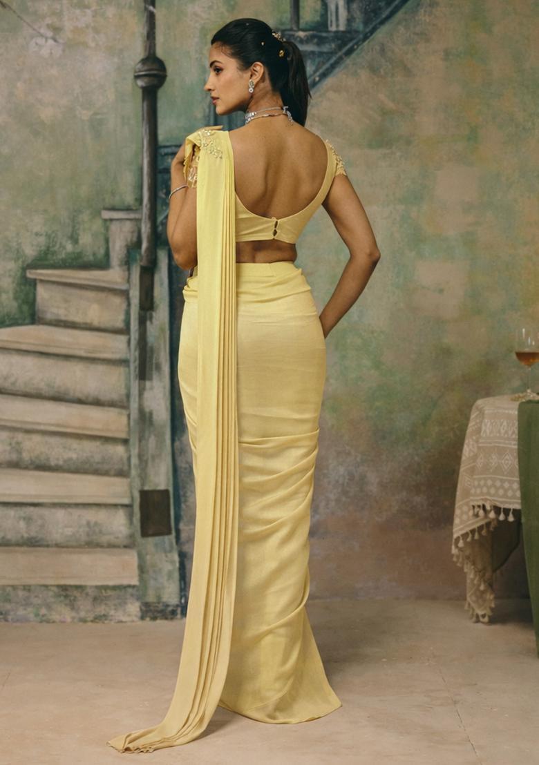 Butter Yellow Handwork Shimmer Goergette Pre Draped Saree Set - Indya