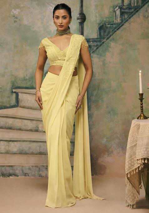 Butter Yellow Handwork Shimmer Goergette Pre Draped Saree Set