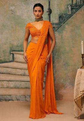 Orange Handwork Shimmer Goergette Pre Draped Saree Set