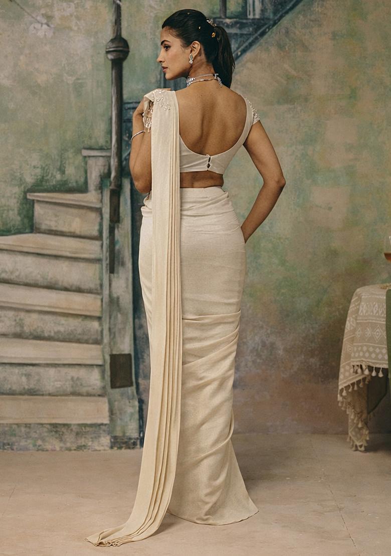 Beige Handwork Shimmer Goergette Pre Draped Saree Set - Indya