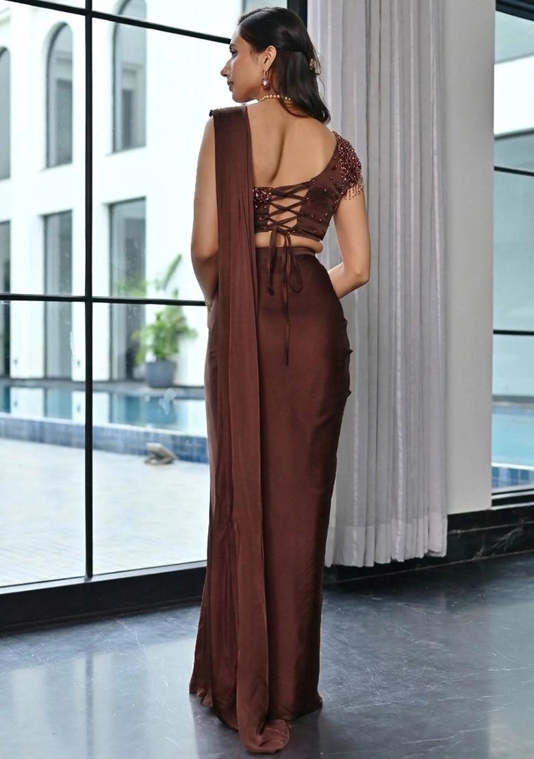 Chocolate Brown Handwork Satin Fusion Set - Indya