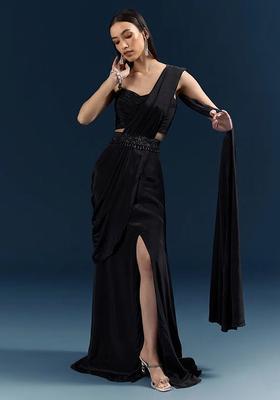 Black Handwork Crepe Pre Draped Saree Set