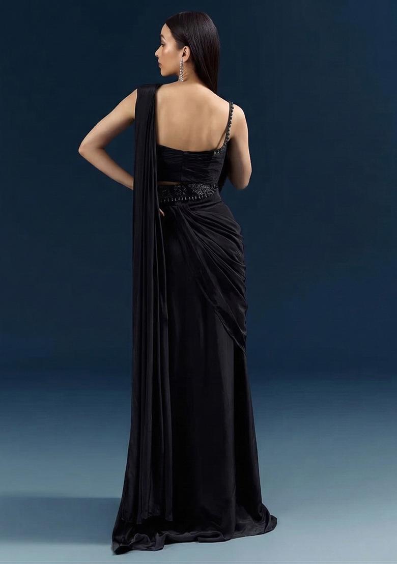 Black Handwork Crepe Pre Draped Saree Set - Indya