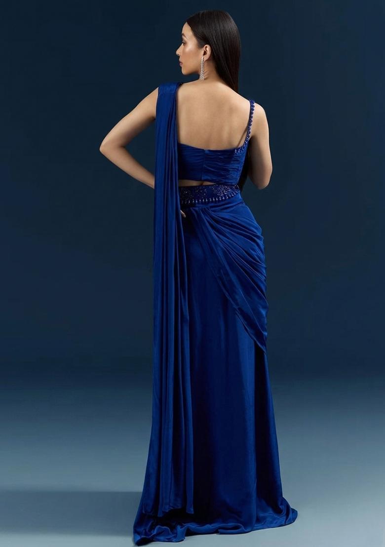 Royal Blue Handwork Crepe Pre Draped Saree Set - Indya