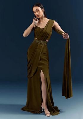 Olive Green Handwork Crepe Pre Draped Saree Set