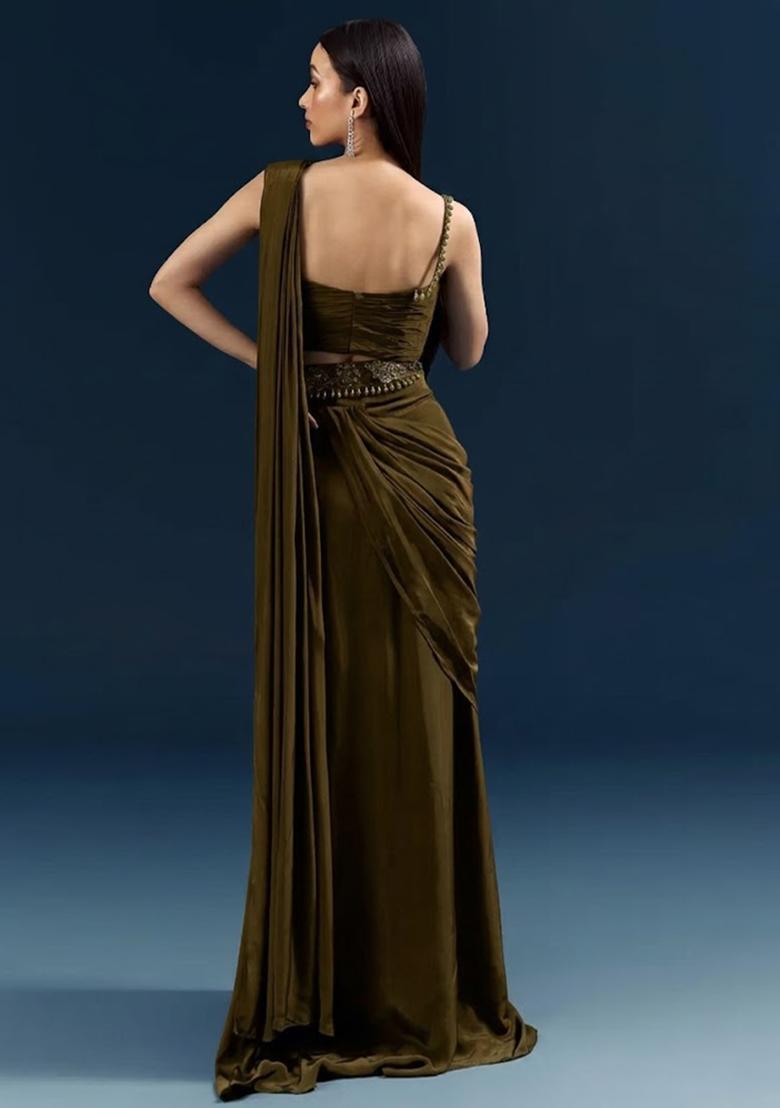 Olive Green Handwork Crepe Pre Draped Saree Set - Indya