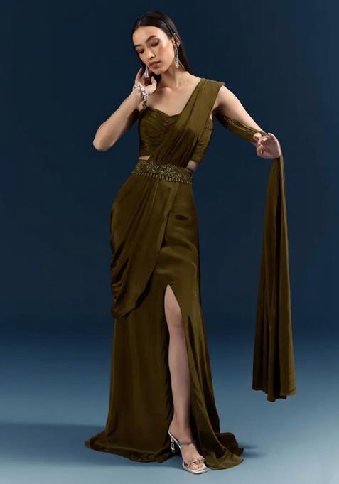 Olive Green Handwork Crepe Pre Draped Saree Set
