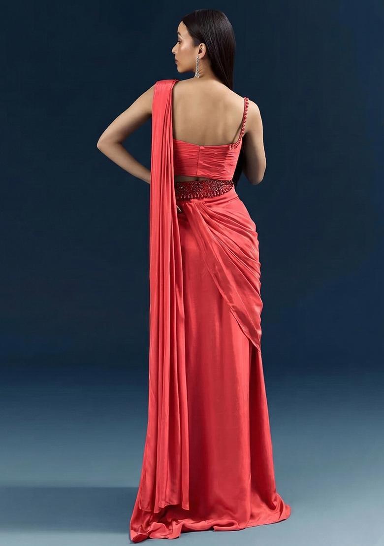 Coral Handwork Crepe Pre Draped Saree Set - Indya