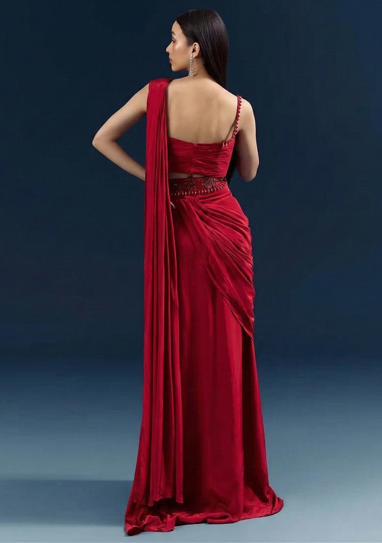 Deep Red Handwork Crepe Pre Draped Saree Set - Indya