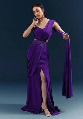 Royal Purple Handwork Crepe Pre Draped Saree Set