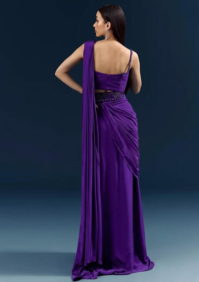 Royal Purple Handwork Crepe Pre Draped Saree Set - Indya