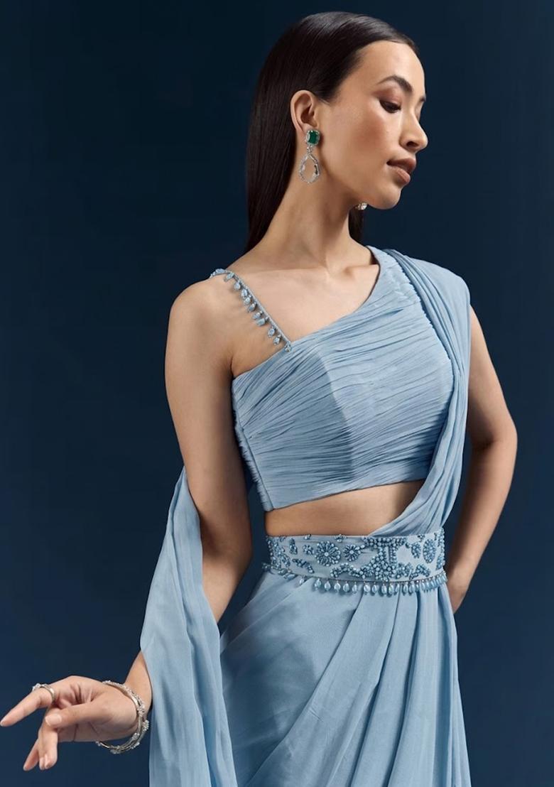 Powder Blue Handwork Satin Pre Draped Saree Set - Indya