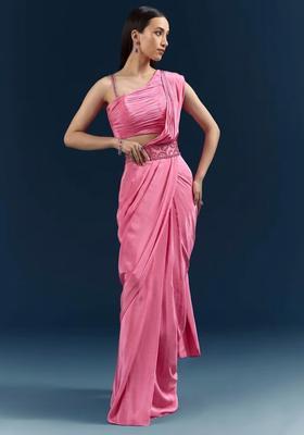 Pink Handwork Satin Pre Draped Saree Set