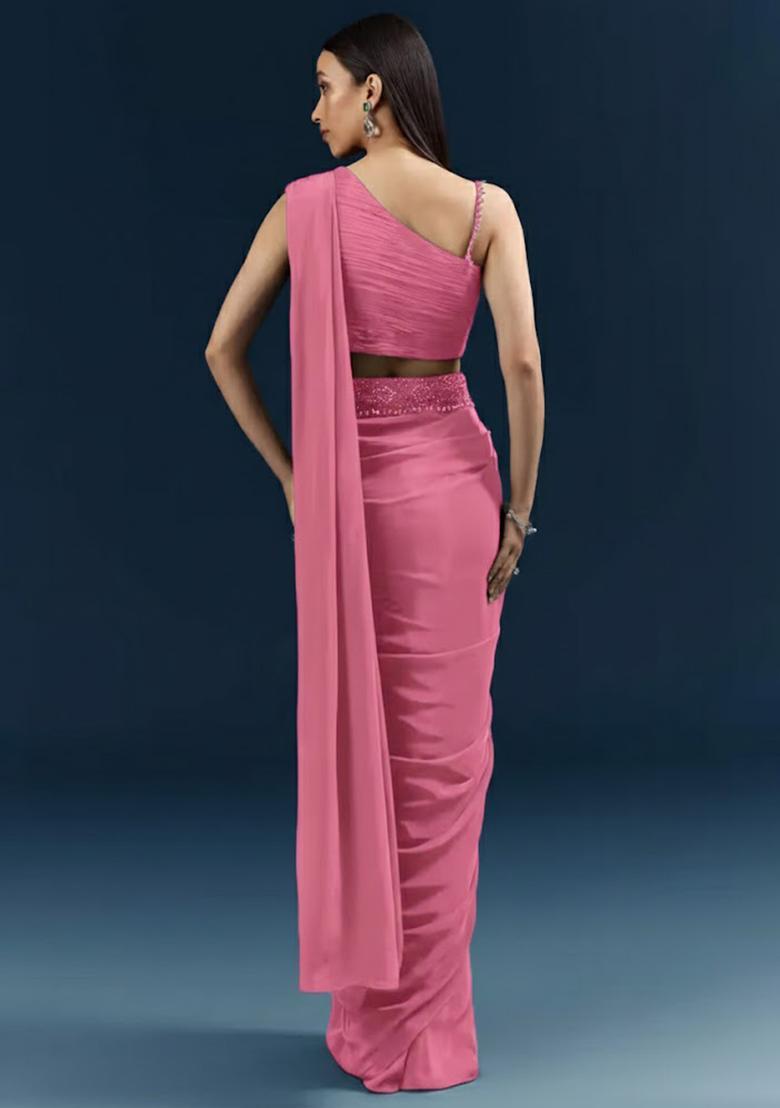 Pink Handwork Satin Pre Draped Saree Set - Indya
