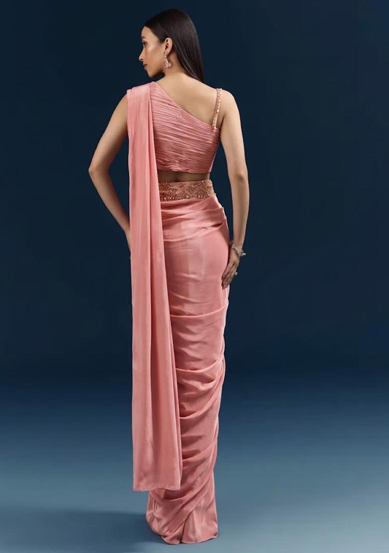 Dusty Pink Handwork Satin Pre Draped Saree Set - Indya