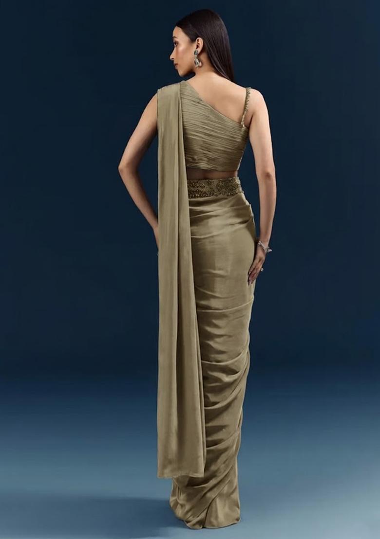 Olive Green Handwork Satin Pre Draped Saree Set - Indya