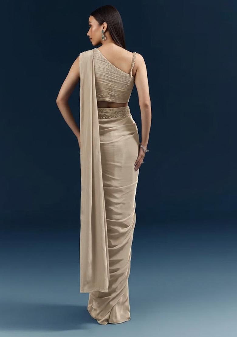 Beige Handwork Satin Pre Draped Saree Set - Indya