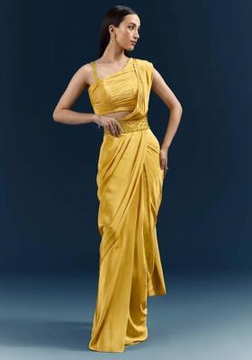 Yellow Handwork Satin Pre Draped Saree Set