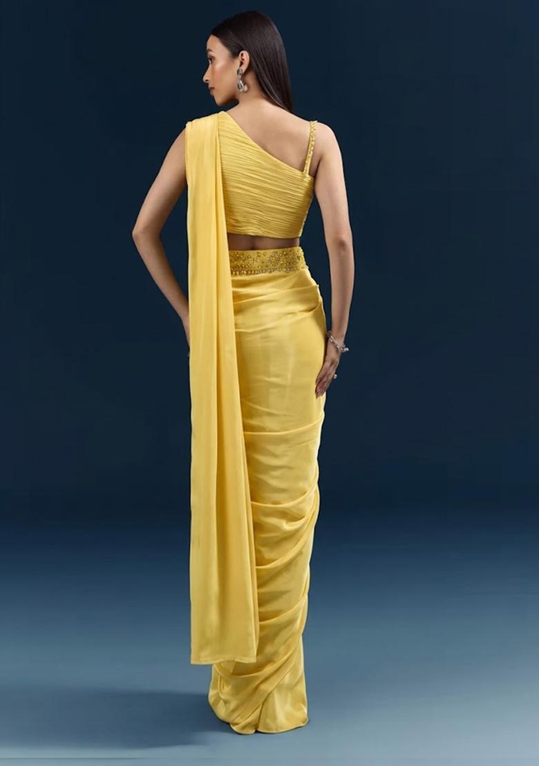 Yellow Handwork Satin Pre Draped Saree Set - Indya