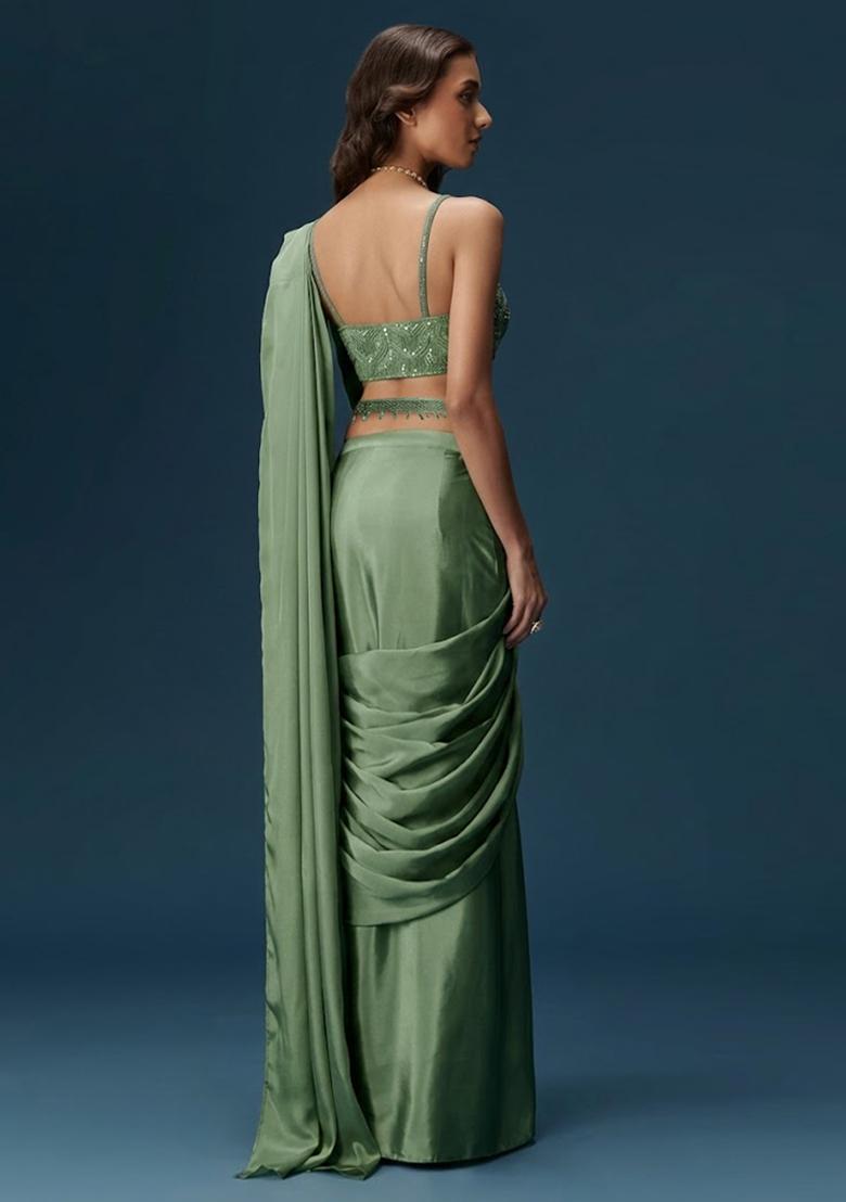 Sage Green Handwork Satin Pre Draped Saree Set - Indya