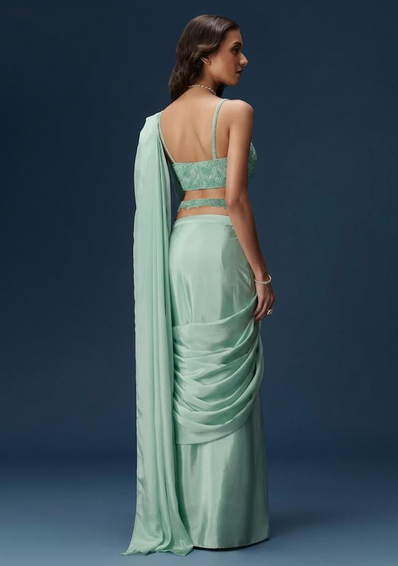 Mint Green Handwork Satin Pre Draped Saree Set - Indya