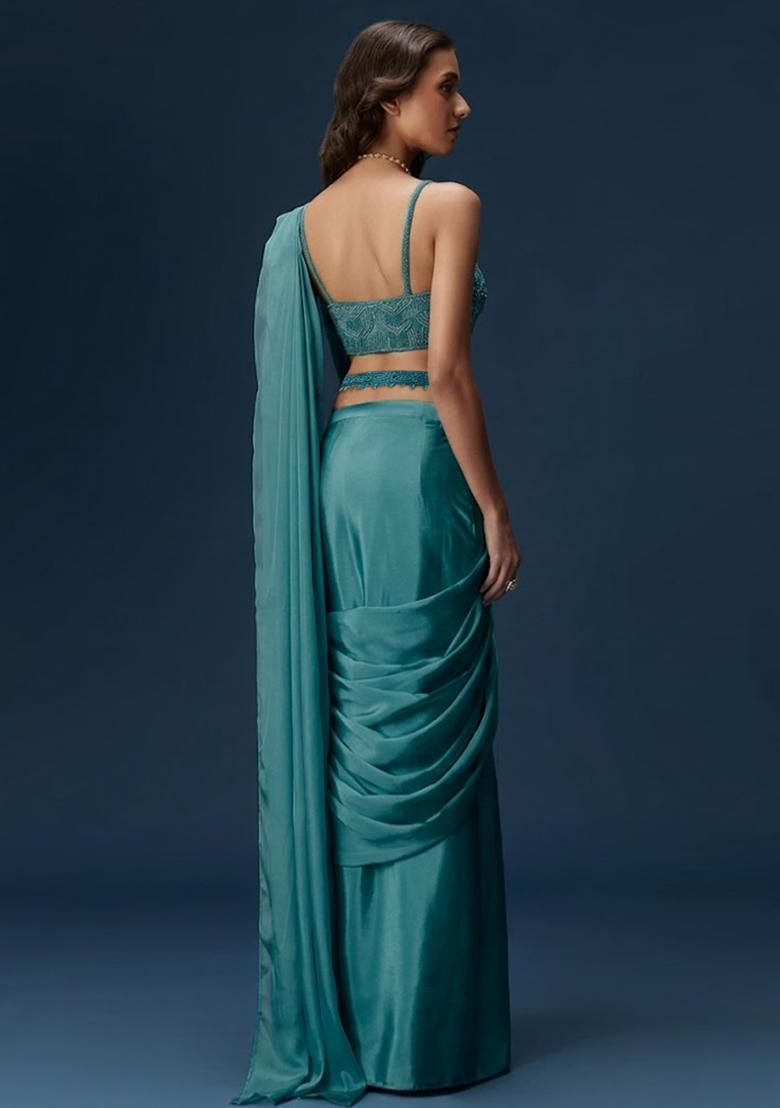 Teal Green Handwork Satin Pre Draped Saree Set - Indya