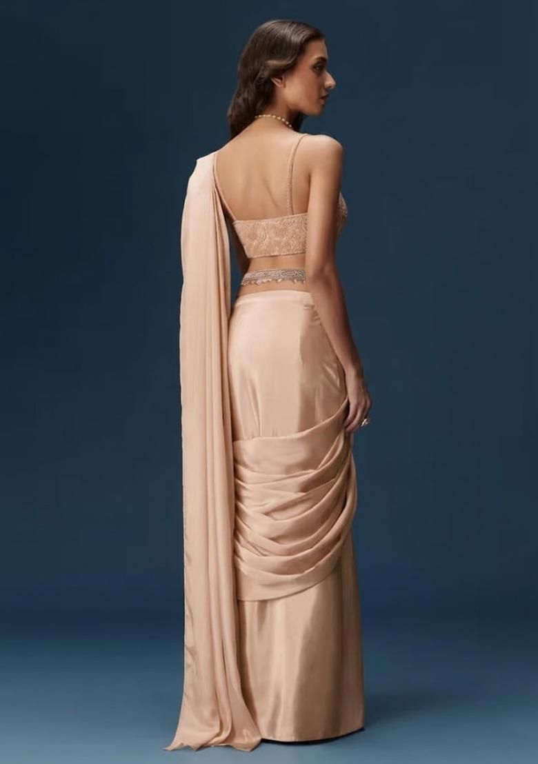 Beige Handwork Satin Pre Draped Saree Set - Indya