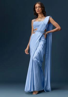 Powder Blue Handwork Satin Pre Draped Saree Set