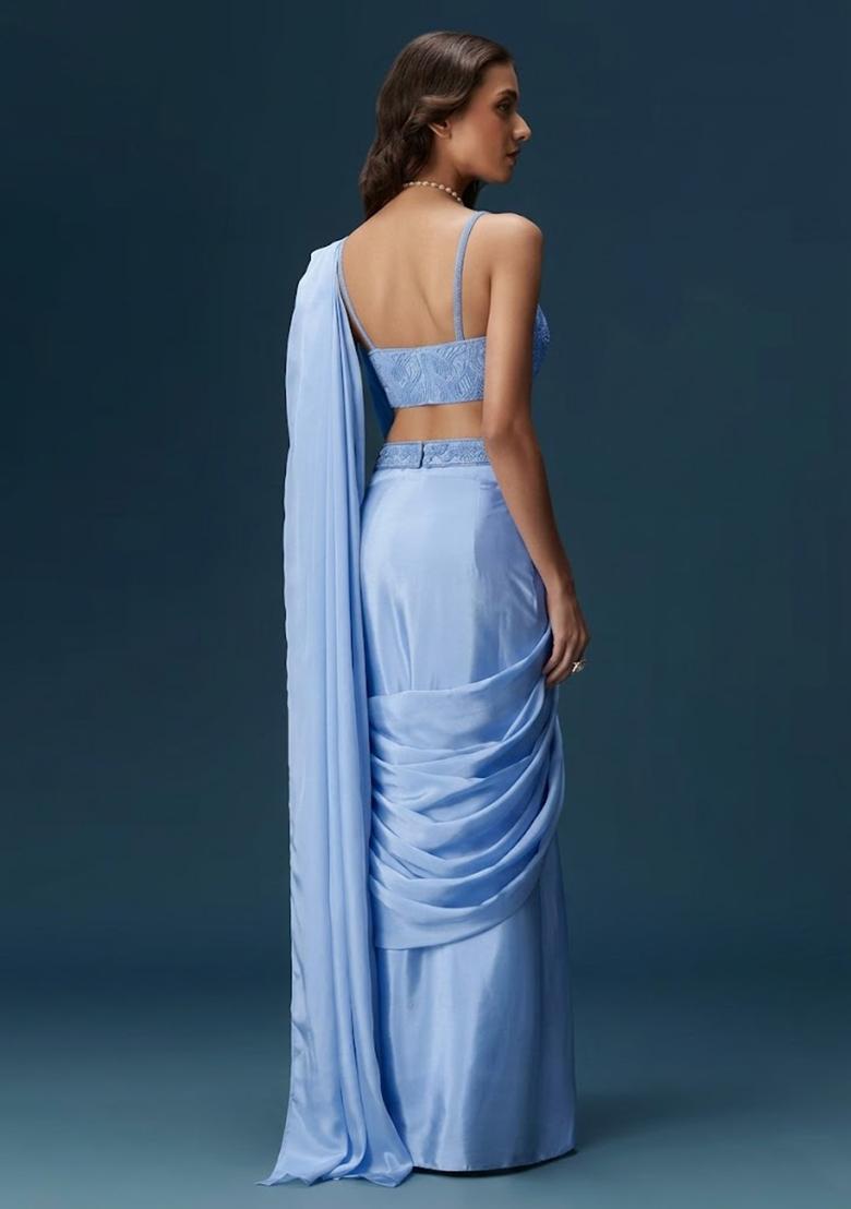 Powder Blue Handwork Satin Pre Draped Saree Set - Indya