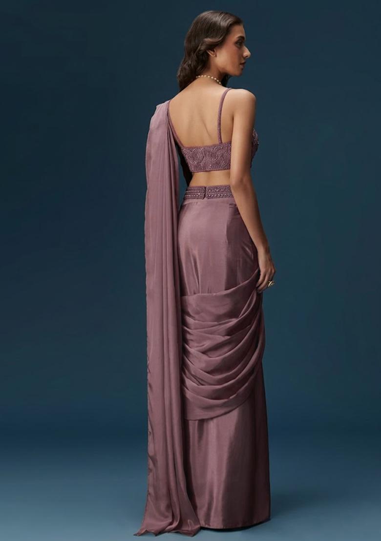 Mauve Handwork Satin Pre Draped Saree Set - Indya