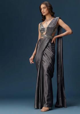 Grey Handwork Satin Pre Draped Saree Set