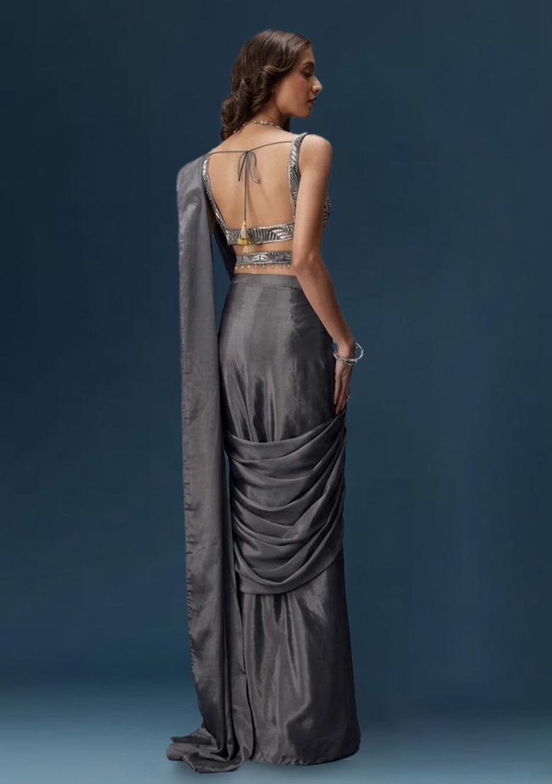 Grey Handwork Satin Pre Draped Saree Set - Indya