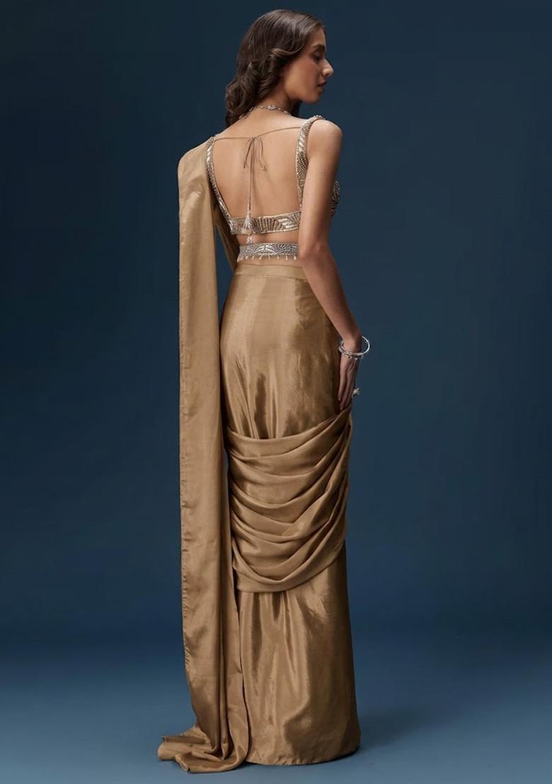 Beige Handwork Satin Pre Draped Saree Set - Indya