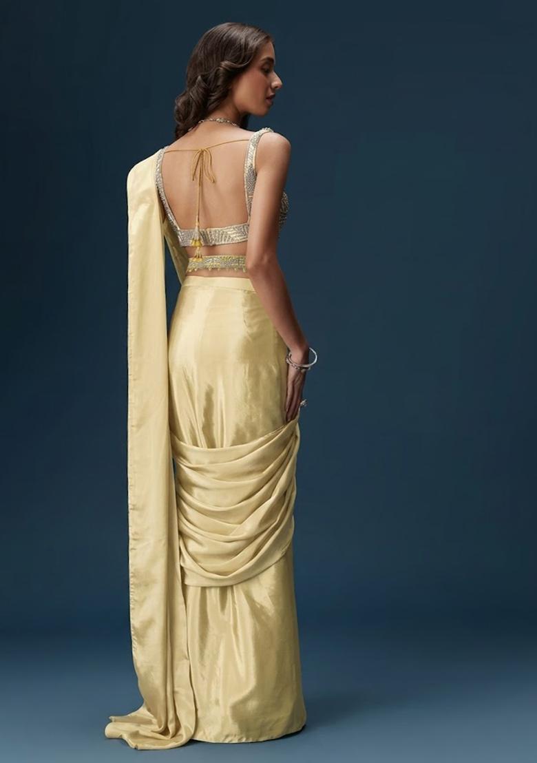 Yellow Handwork Satin Pre Draped Saree Set - Indya