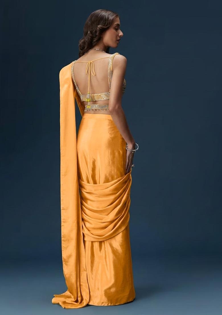 Orange Handwork Satin Pre Draped Saree Set - Indya