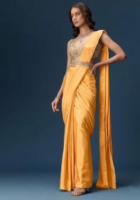 Orange Handwork Satin Pre Draped Saree Set