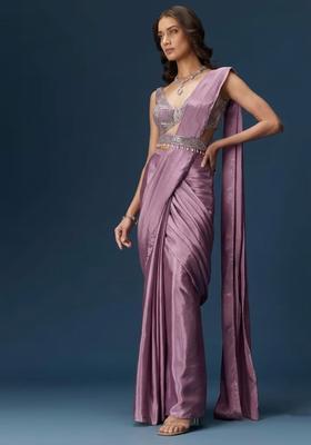 Purple Handwork Satin Pre Draped Saree Set