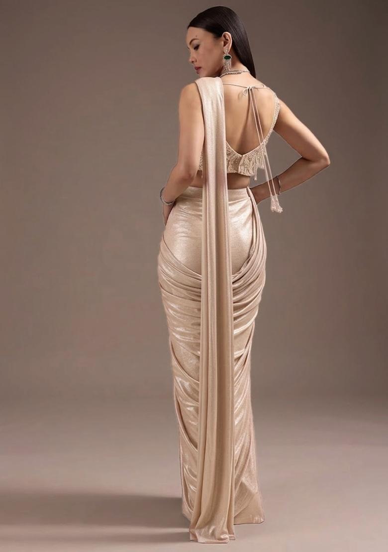 Champagne Beige Handwork Satin Pre Draped Saree Set - Indya