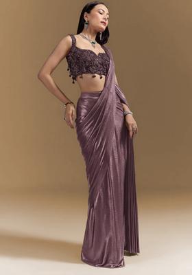 Mauve Purple Handwork Satin Pre Draped Saree Set