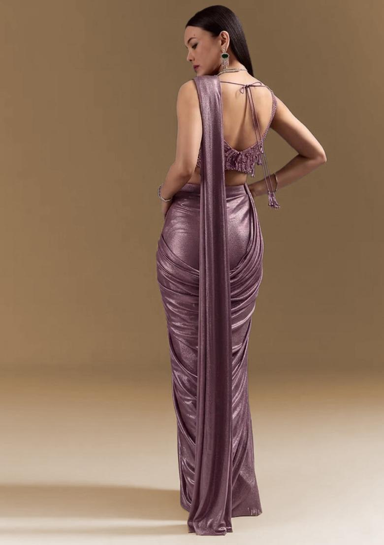 Mauve Purple Handwork Satin Pre Draped Saree Set - Indya